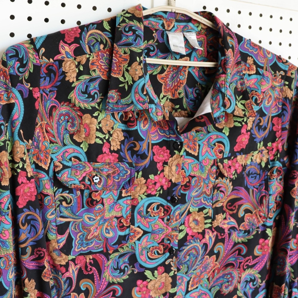 Roaman's Womens Plus SIZE 3X Multicolor LS Paisley Floral Collared Button Up Top - Picture 2 of 8
